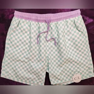 Caden Lane Men's Swim Trunks Large Mint Green Checkered Purple Waistband NWT